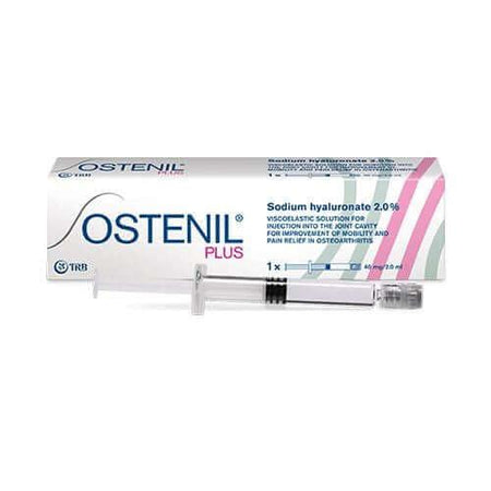 Ostenil Plus 40 mg 2 ml package and syringe for joint pain relief and mobility improvement.