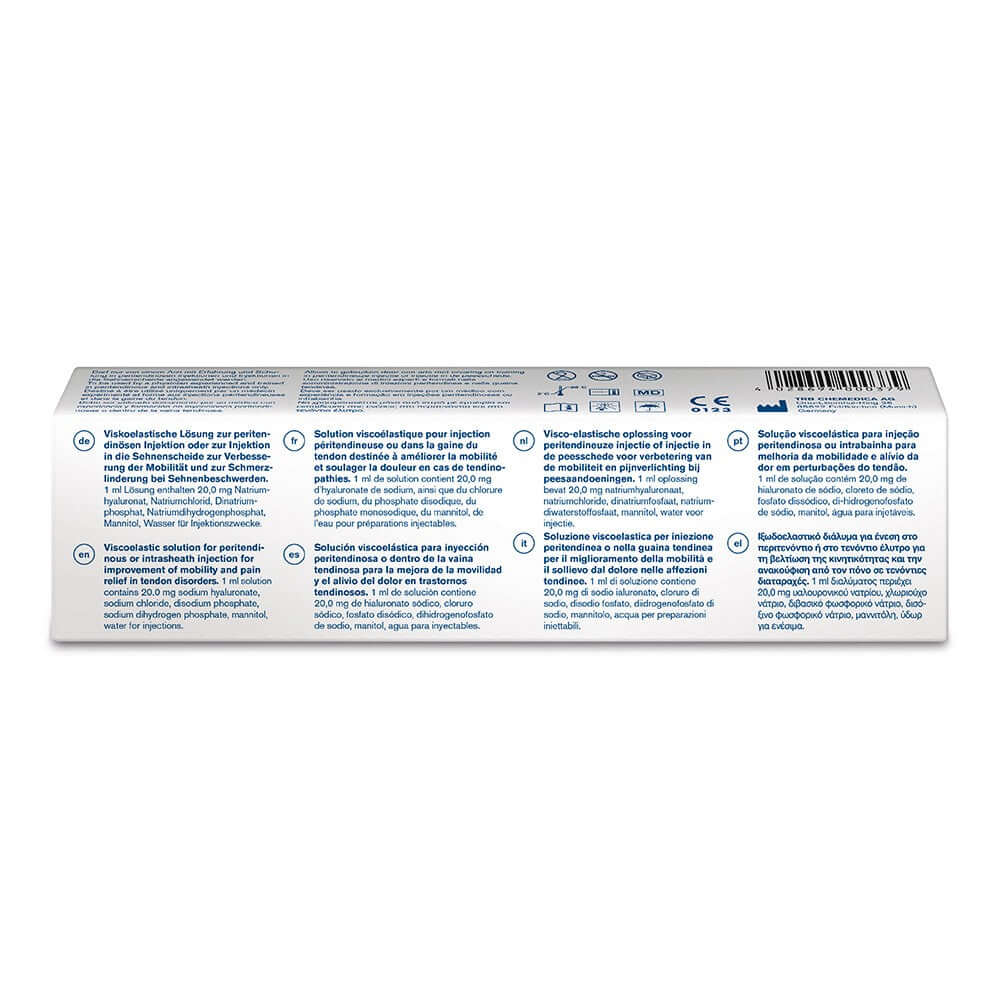 Verpackungsrückseite von Ostenil Tendon 40 mg 2 ml mit Anwendungshinweisen und Informationen.