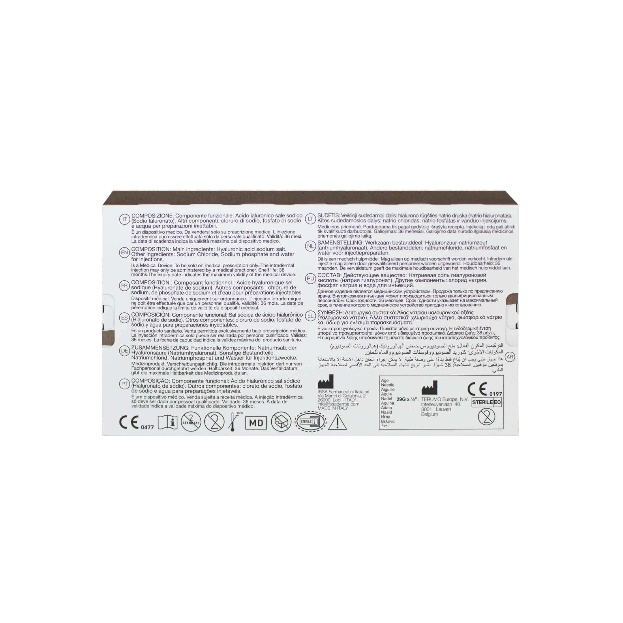 Profhilo H+L 1 x 2 ml product packaging back with detailed information and ingredients.