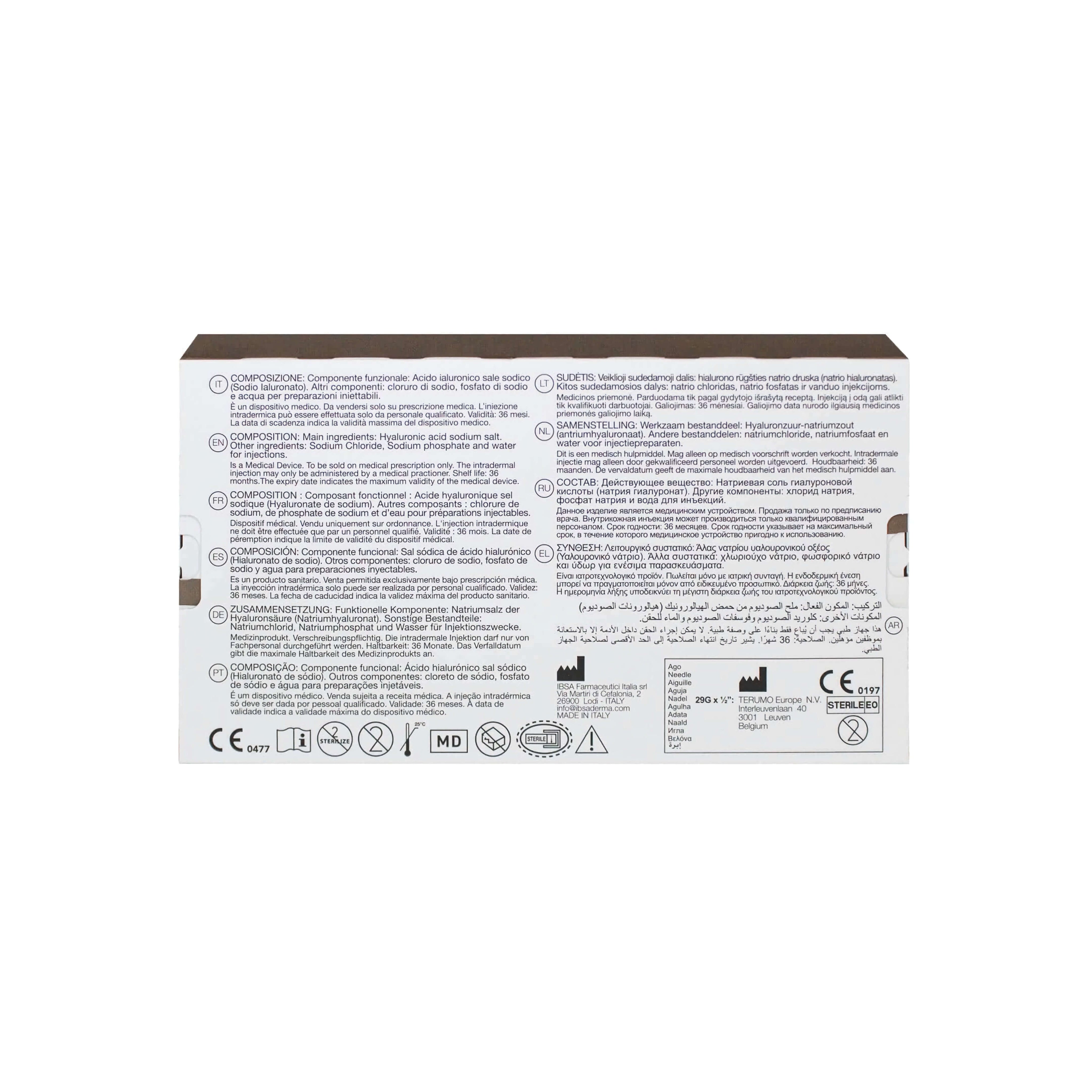 Profhilo H+L 1 x 2 ml box with details and usage instructions from IBSA Pharmaceutical.