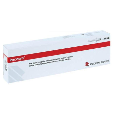 Recosyn 20 mg 2 ml hyaluronan injection solution packaging from Recordati Pharma.
