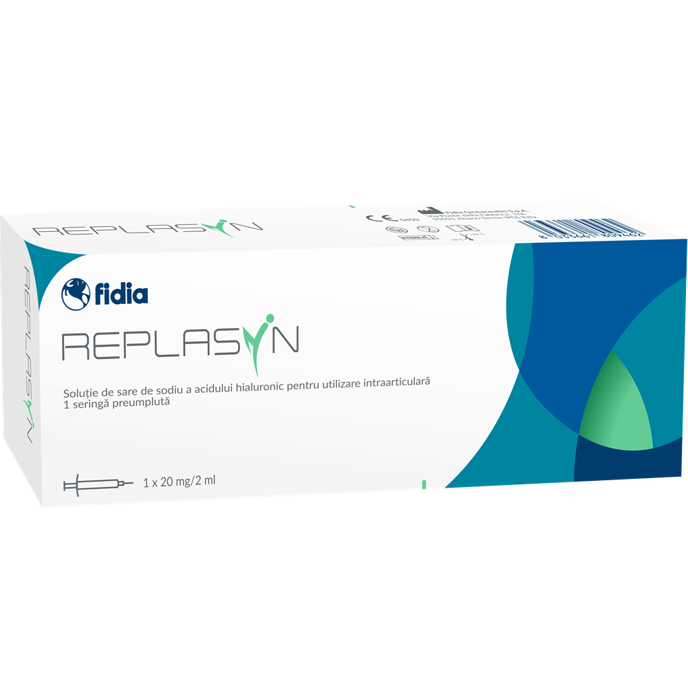 Replasyn 20 mg 2 ml package featuring sterile syringe for intraarticular use by Fidia Pharma.