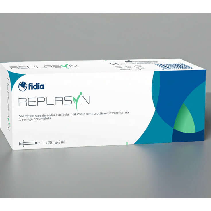 Replasyn 20 mg 2 ml packaging for intraartikuläre Hyaluronsäure-Injektion by Fidia Pharma GmbH.
