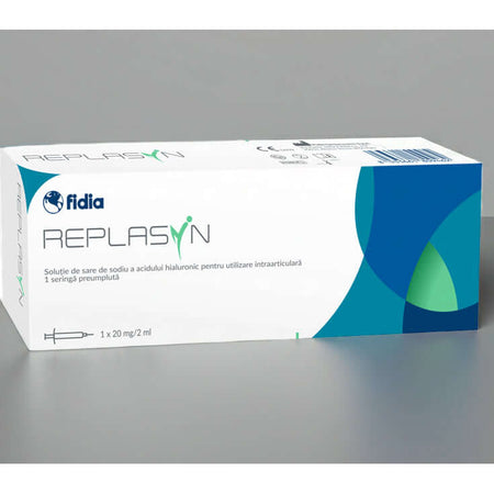 Replasyn 20 mg 2 ml packaging for intraartikuläre Hyaluronsäure-Injektion by Fidia Pharma GmbH.
