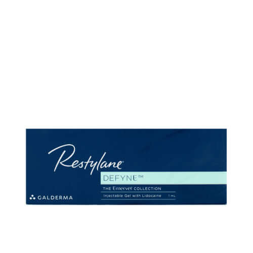 Restylane Defyne Lidocaine 1 x 1 ml packaging from Galderma for aesthetic medical applications.