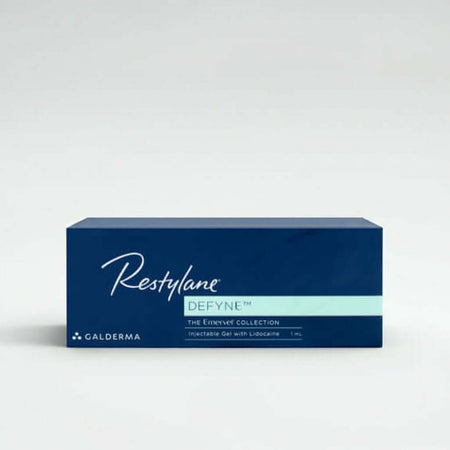 Restylane Defyne Lidocaine 1 x 1 ml product packaging from Galderma, featuring injectible gel with Lidocaine.