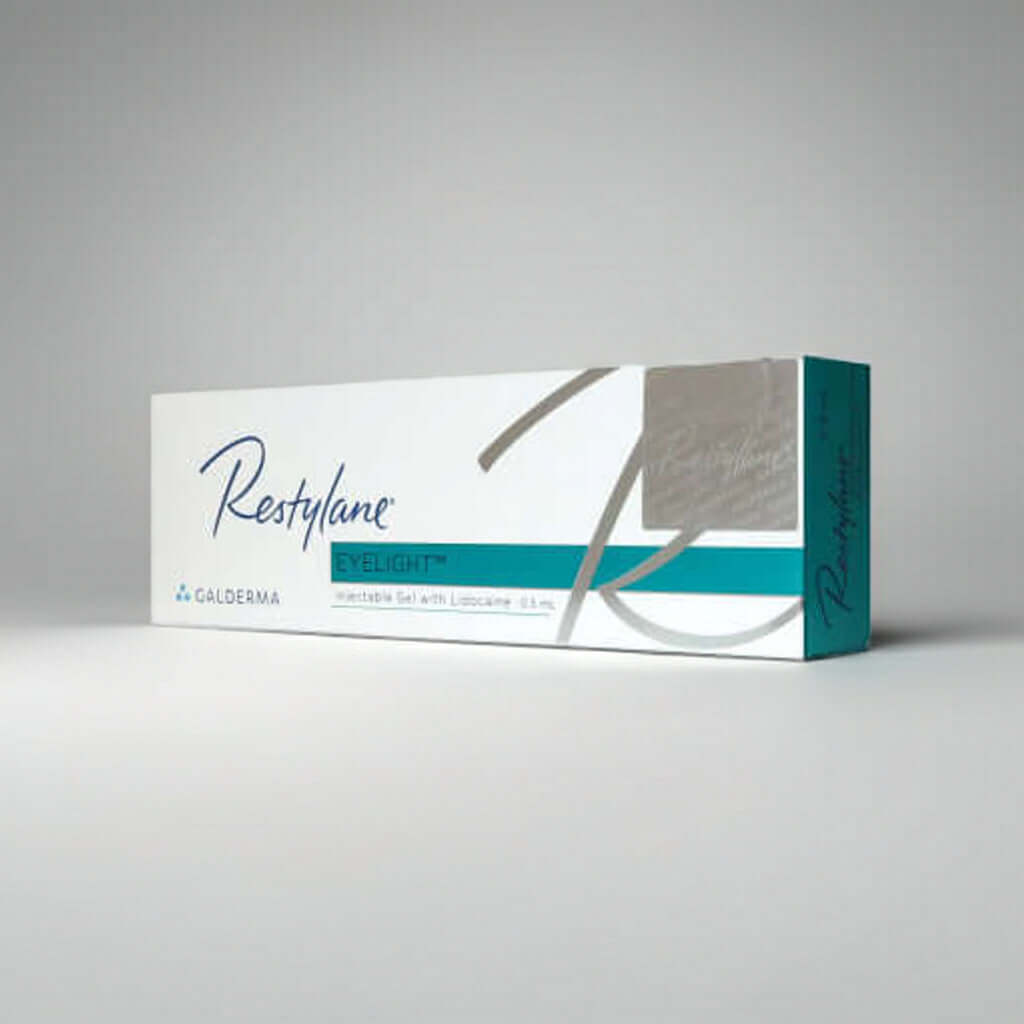 Restylane Eyelight Lidocaine 1 x 0.5 ml packaging by Galderma on a neutral background.