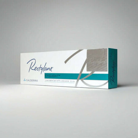 Restylane Eyelight Lidocaine 1 x 0.5 ml packaging by Galderma on a neutral background.