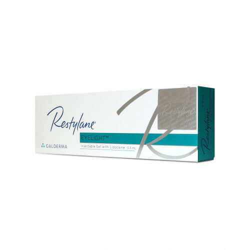 Restylane Eyelight Lidocaine 1 x 0.5 ml packaging box showcasing professional dermal filler by Galderma.