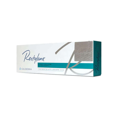 Restylane Eyelight Lidocaine 1 x 0.5 ml product packaging from Galderma, designed for periorbital area treatment.