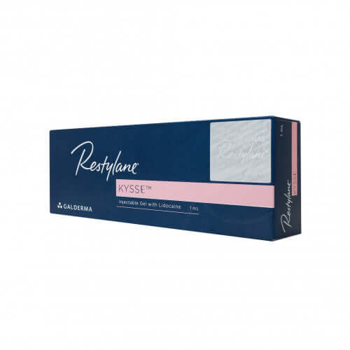 Restylane Kysse Lidocaine 1 x 1 ml box packaging, professional dermal filler by Galderma.