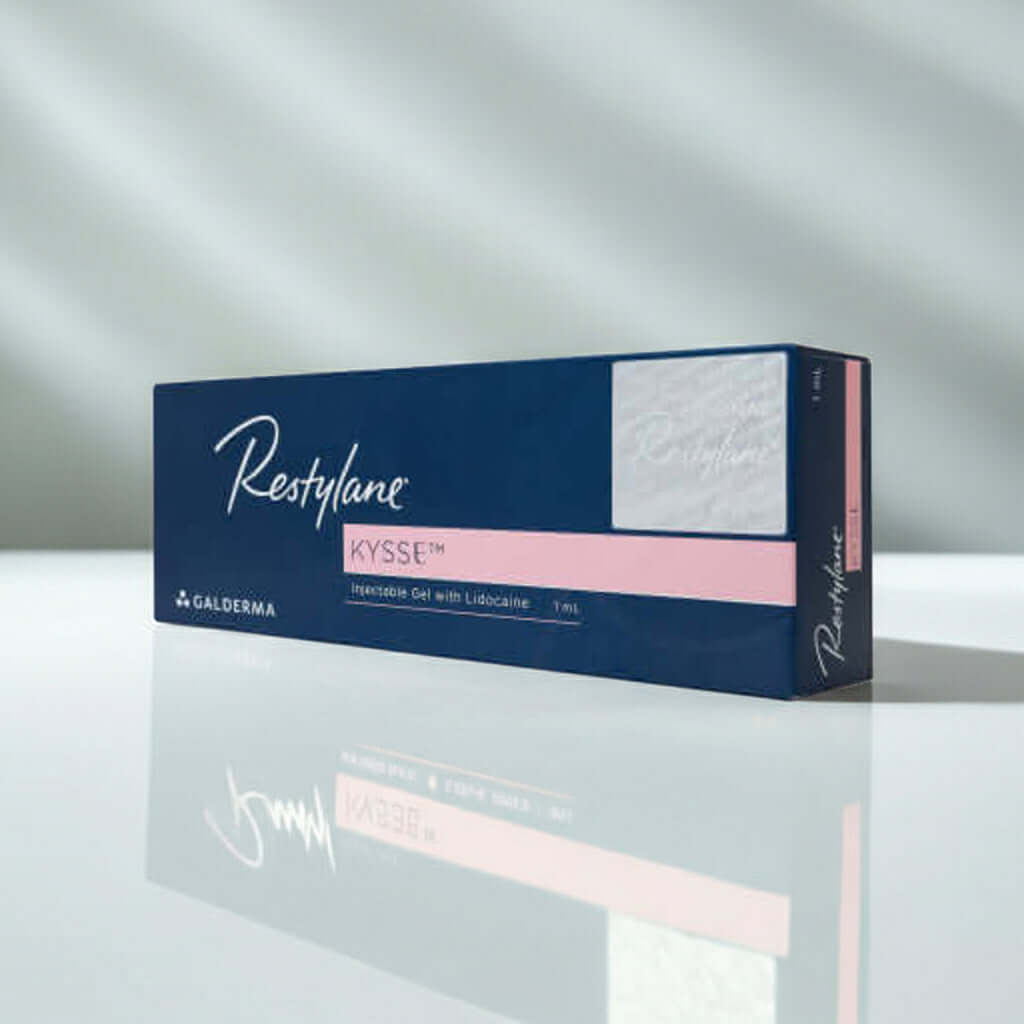Restylane Kysse Lidocaine 1 x 1 ml, Dermal Filler from Galderma in a blue package with pink accents.
