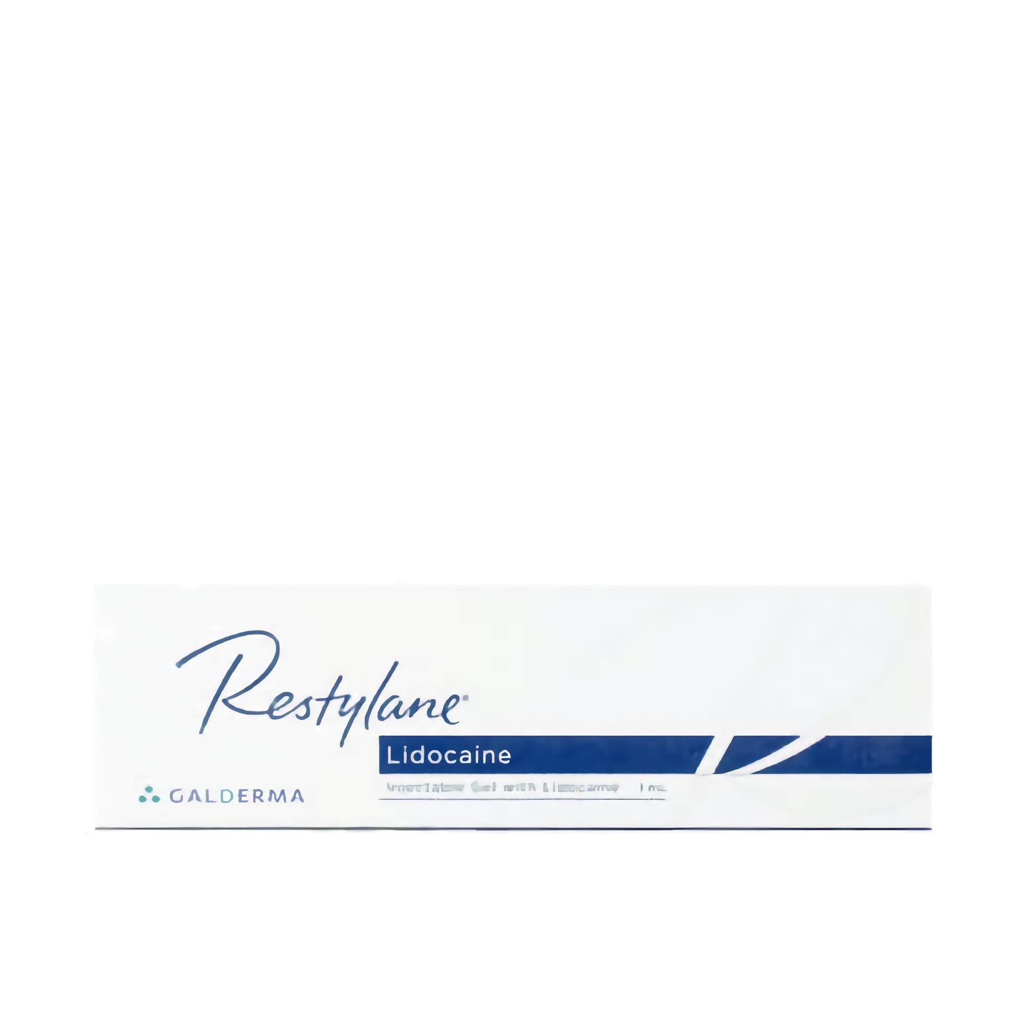 Restylane Lidocaine 1 x 1 ml packaging from Galderma, featuring hyaluronic acid gel with lidocaine.