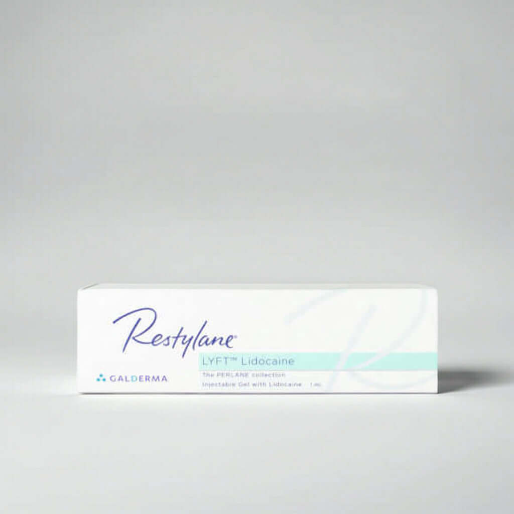 Restylane Lyft Lidocaine 1 x 1 ml product packaging with professional hyaluronic acid gel for aesthetic use.