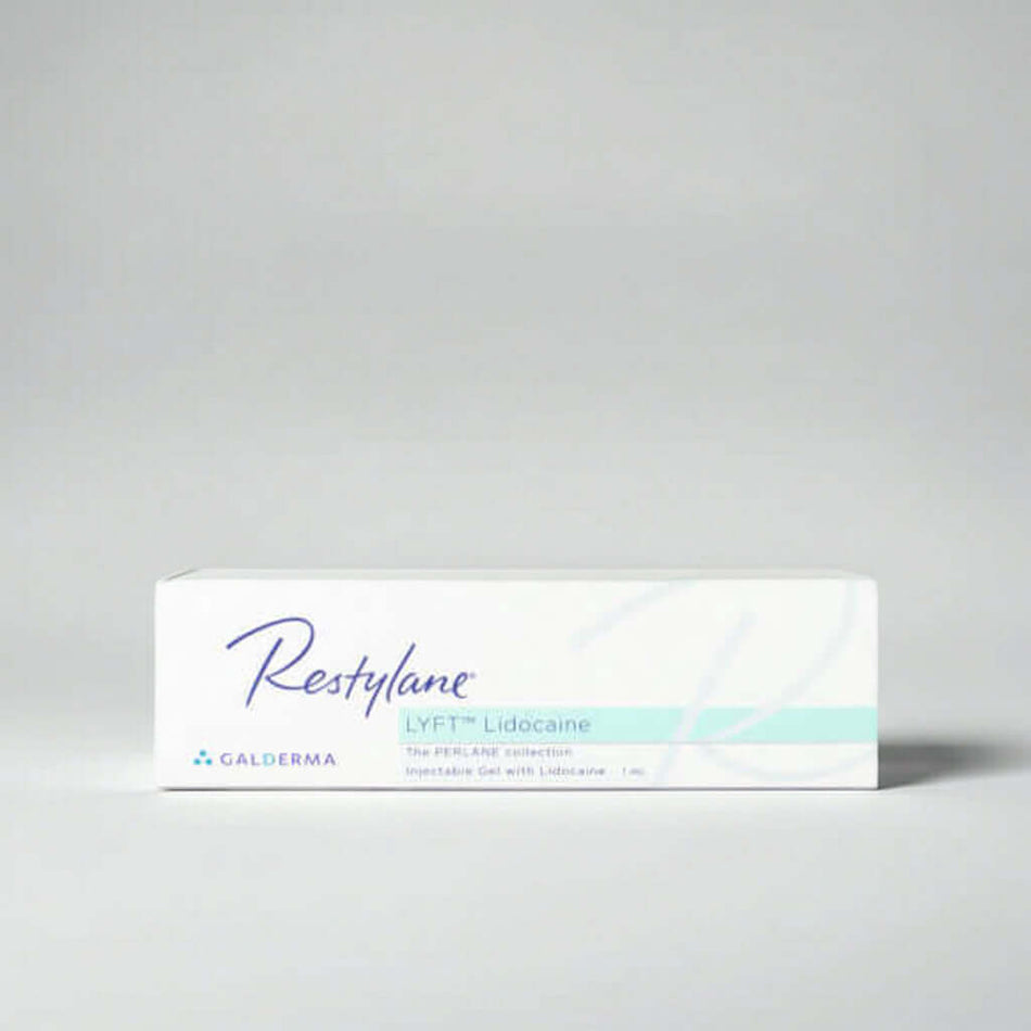 Restylane Lyft Lidocaine 1 x 1 ml product packaging with professional hyaluronic acid gel for aesthetic use.