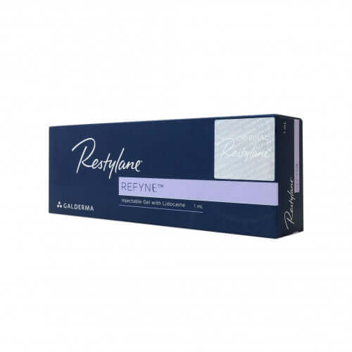 Restylane Refyne Lidocaine 1 x 1 ml packaging showing product details and branding.