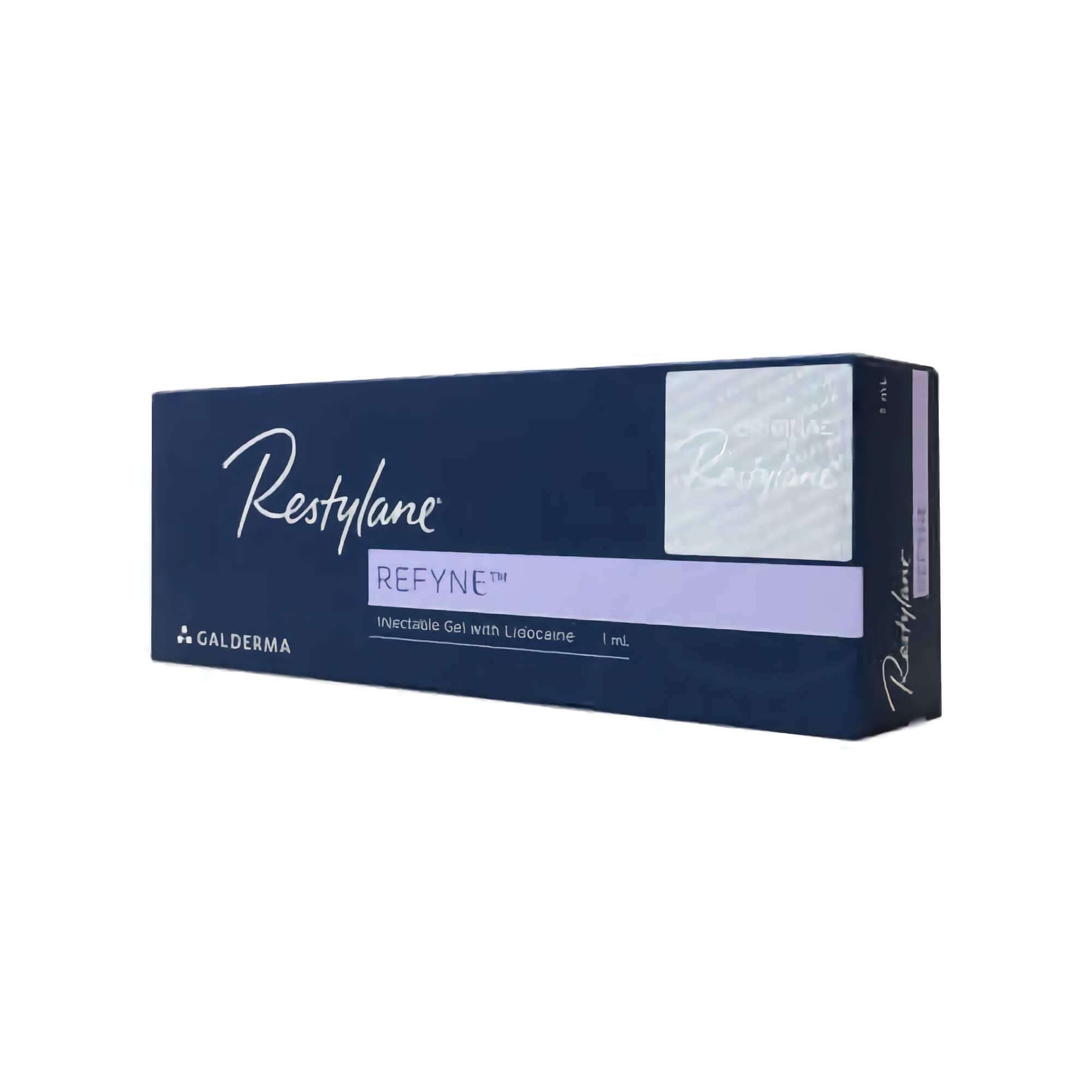 Restylane Refyne Lidocaine 1 x 1 ml packaging, featuring hyaluronic acid gel and integrated lidocaine.