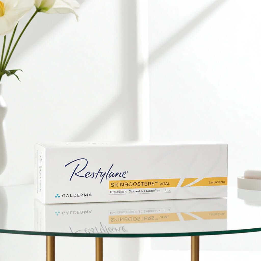 Restylane Vital Lidocaine 1 x 1 ml packaging displayed on a glass table with a modern aesthetic.