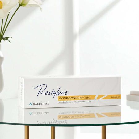 Restylane Vital Lidocaine 1 x 1 ml packaging displayed on a glass table with a modern aesthetic.