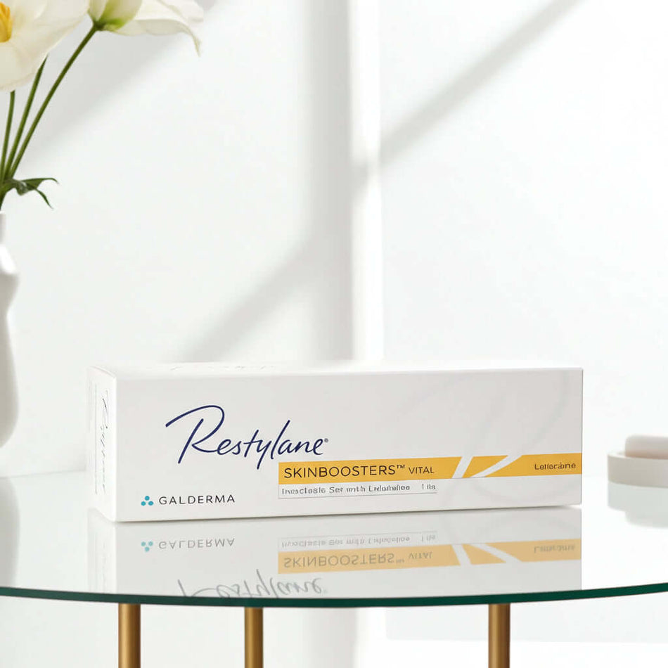 Restylane Vital Lidocaine 1 x 1 ml packaging displayed on a glass table with a modern aesthetic.