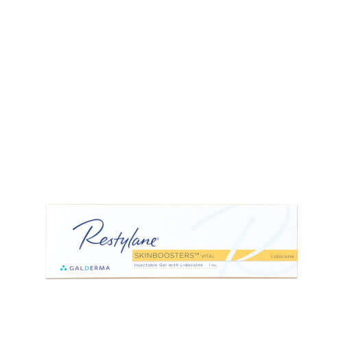 Restylane Vital Lidocaine 1 x 1 ml packaging image showing hyaluronic acid gel by Galderma.