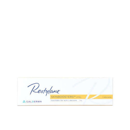 Restylane Vital Lidocaine 1 x 1 ml packaging image showing hyaluronic acid gel by Galderma.