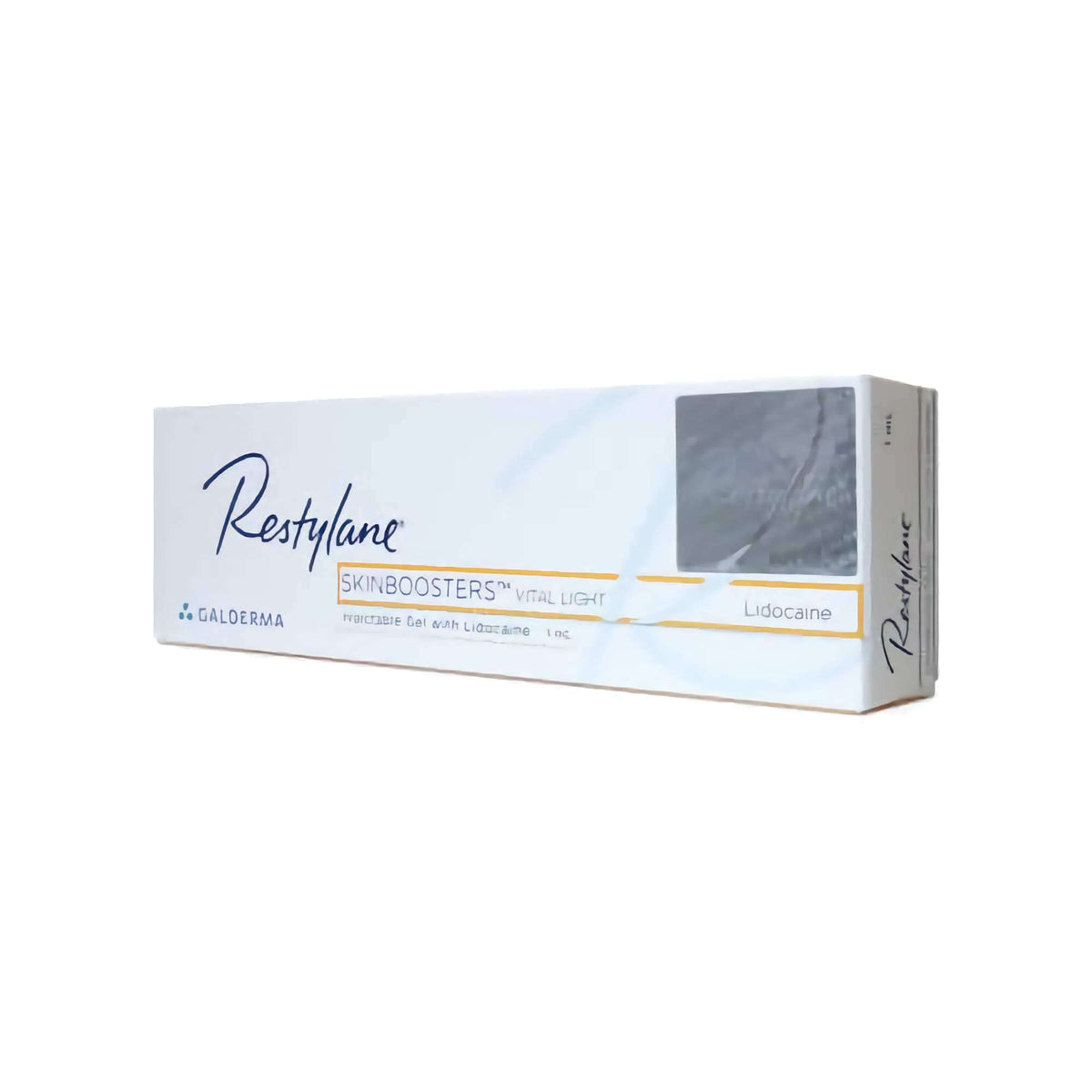 Restylane Vital Light Lidocaine 1 x 1 ml packaging for aesthetic treatments by Galderma.