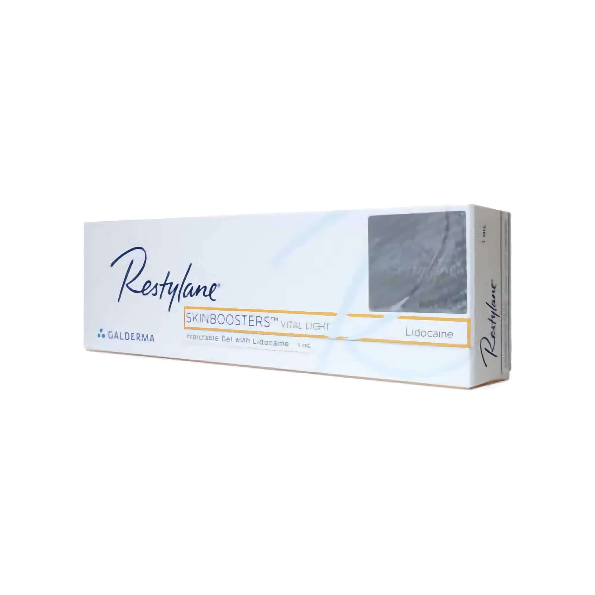 Restylane Vital Light Lidocaine 1 x 1 ml packaging for aesthetic treatments by Galderma.