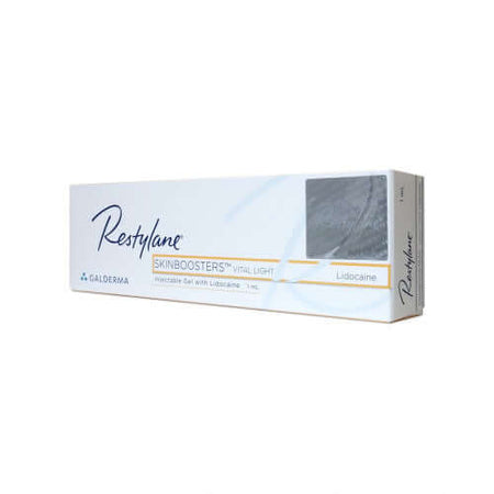 Restylane Vital Light Lidocaine 1 x 1 ml packaging showing professional hyaluronic acid gel for aesthetic treatments.