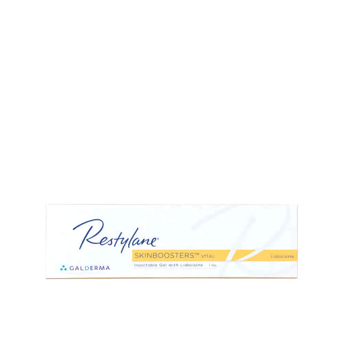 Restylane Vital Lidocaine 1 x 1 ml product packaging, showcasing Galderma's injectable gel.