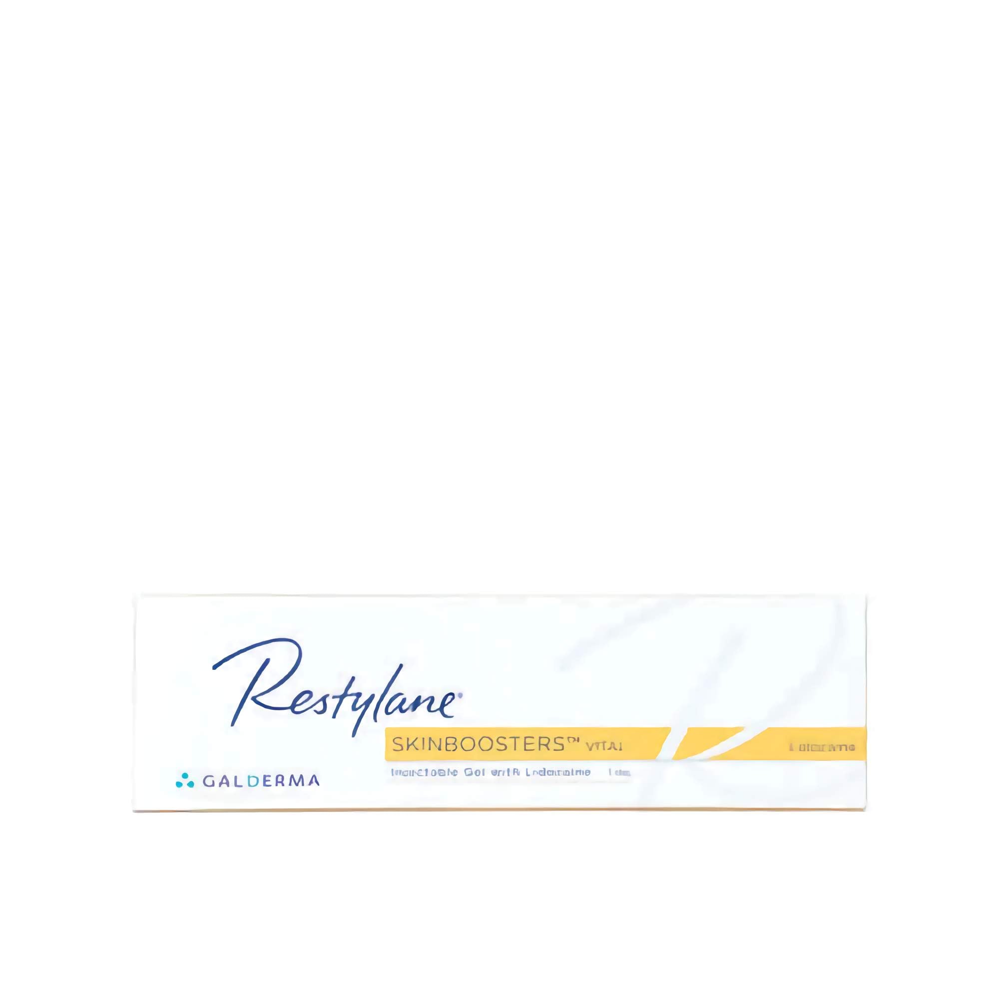 Restylane Vital Lidocaine 1 x 1 ml product packaging, showcasing Galderma's injectable gel.