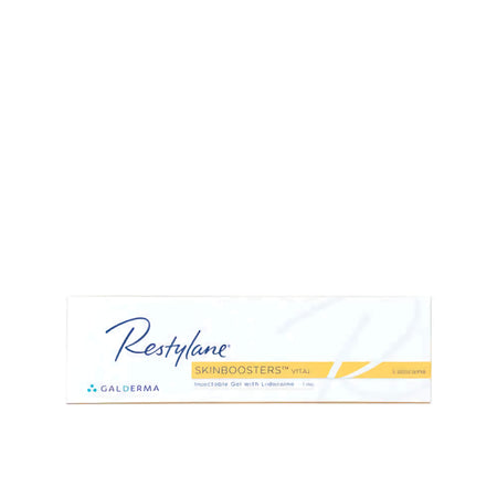 Restylane Vital Lidocaine 1 x 1 ml product packaging, showcasing Galderma's injectable gel.
