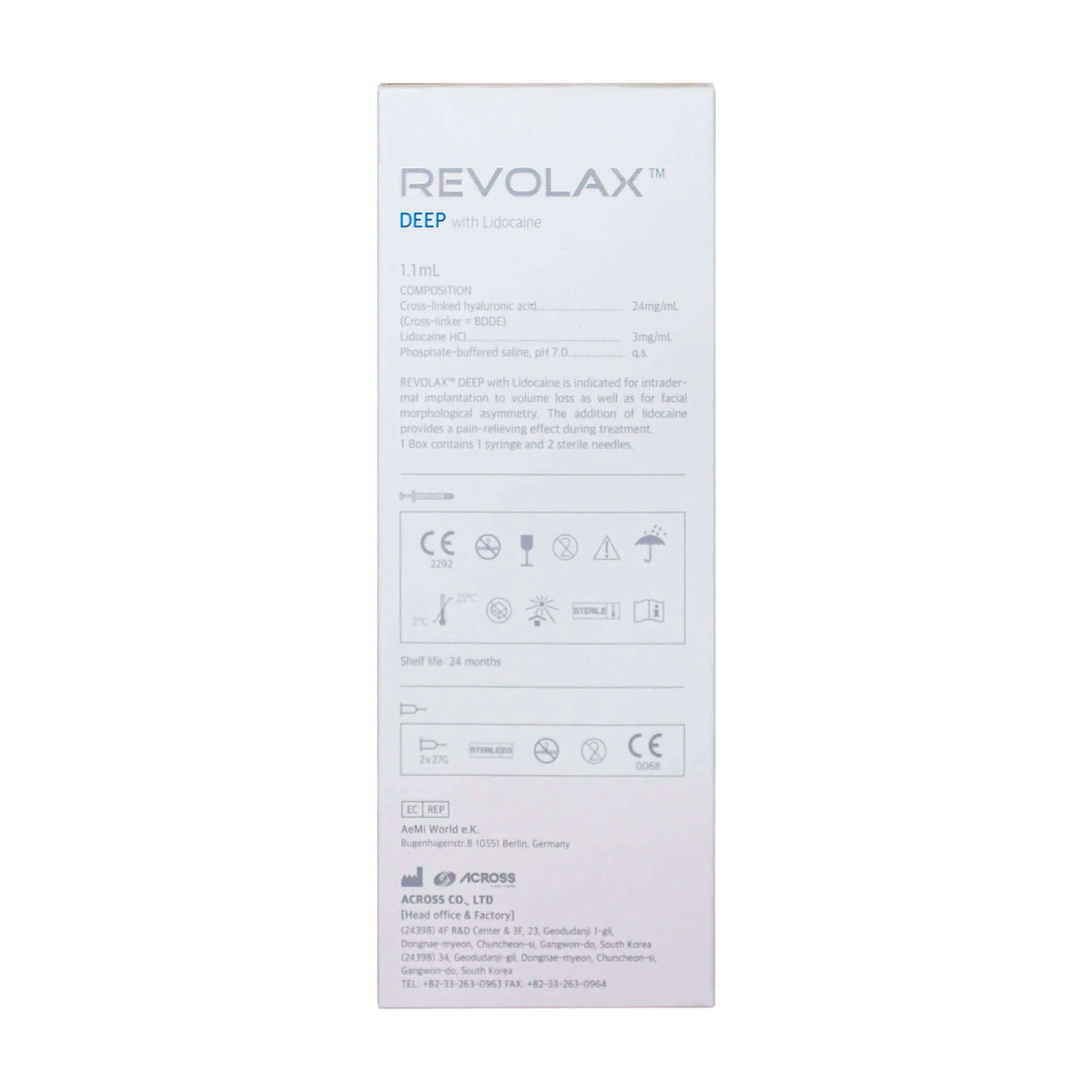 Revolax Deep Lidocaine 1 x 1.1 ml packaging side view with product details and usage instructions.