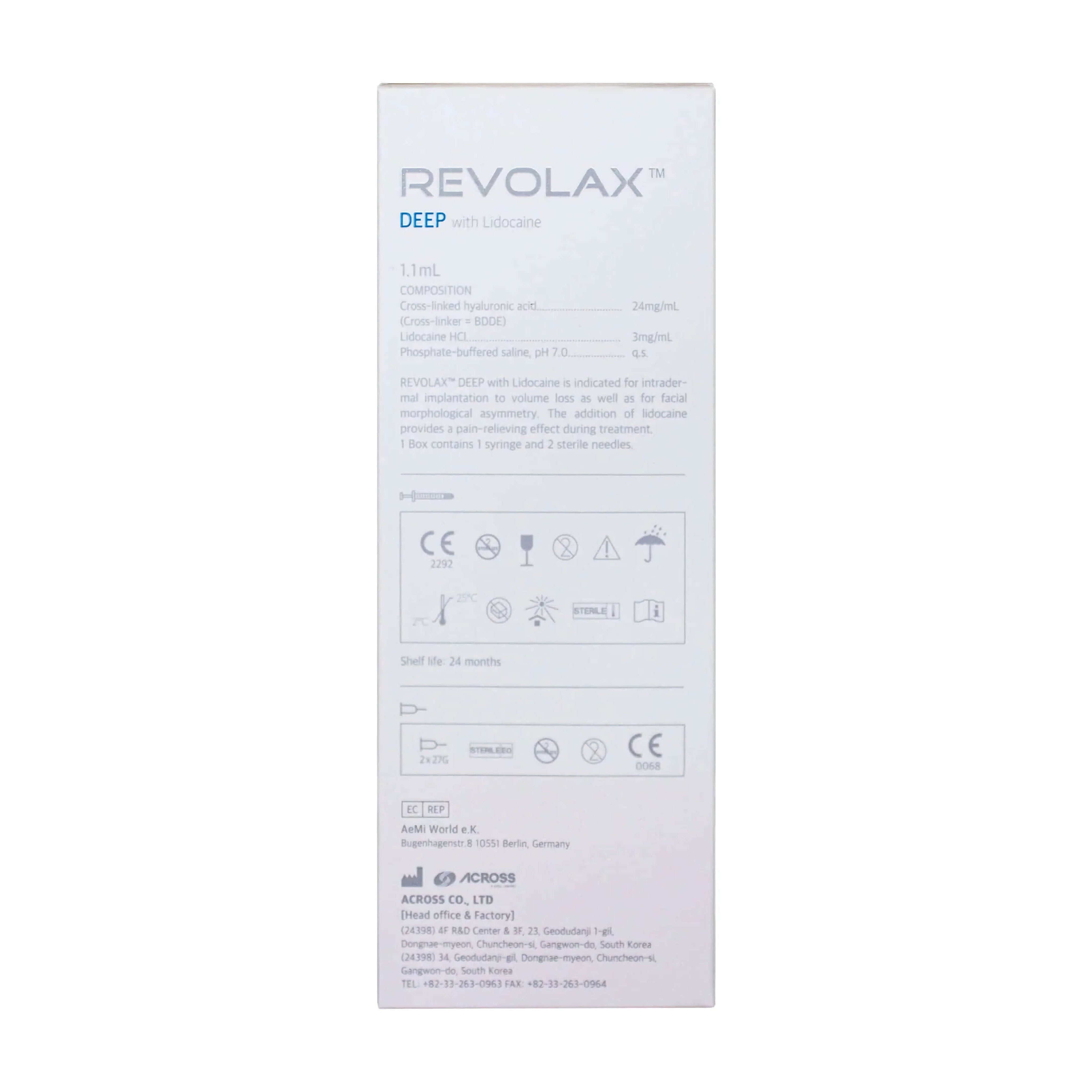 Revolax Deep Lidocaine 1 x 1.1 ml packaging side view with product details and usage instructions.