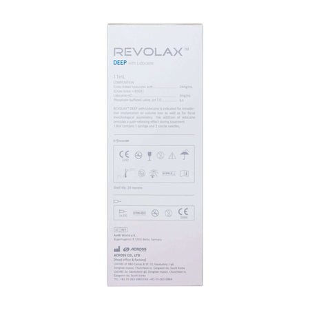 Revolax Deep Lidocaine 1 x 1.1 ml packaging side view with product details and usage instructions.