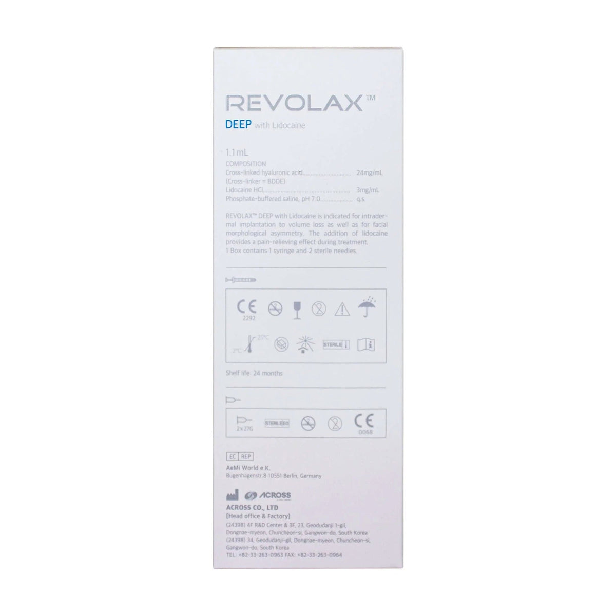 Revolax Deep Lidocaine 1 x 1.1 ml Verpackung mit Produktdetails und Anwendungshinweisen.