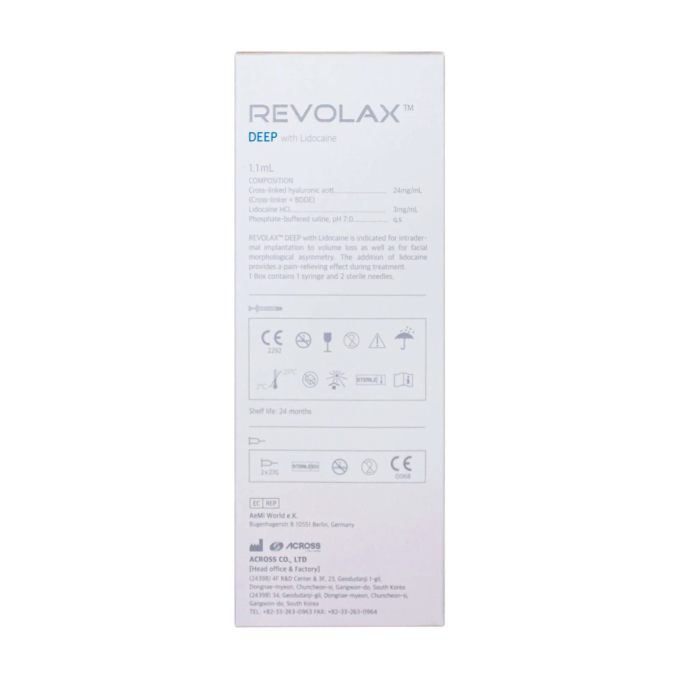 Revolax Deep Lidocaine 1 x 1.1 ml Verpackung mit Produktdetails und Anwendungshinweisen.