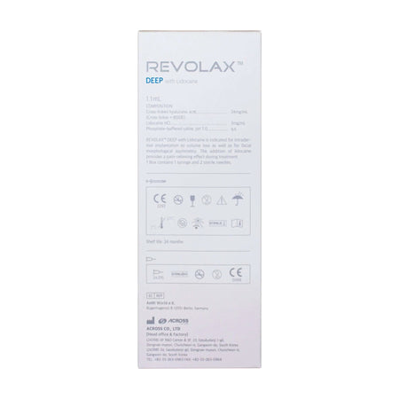 Revolax Deep Lidocaine 1 x 1.1 ml Verpackung mit Produktdetails und Anwendungshinweisen.