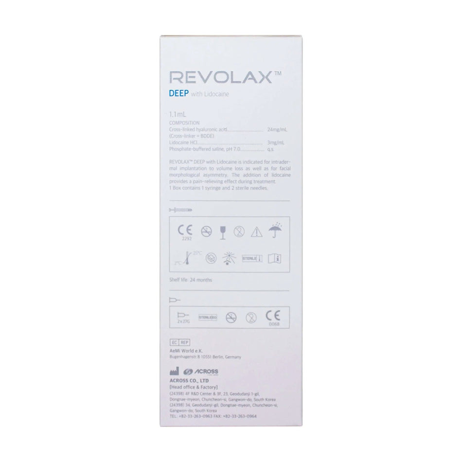 Revolax Deep Lidocaine 1 x 1.1 ml Verpackung mit Produktdetails und Anwendungshinweisen.