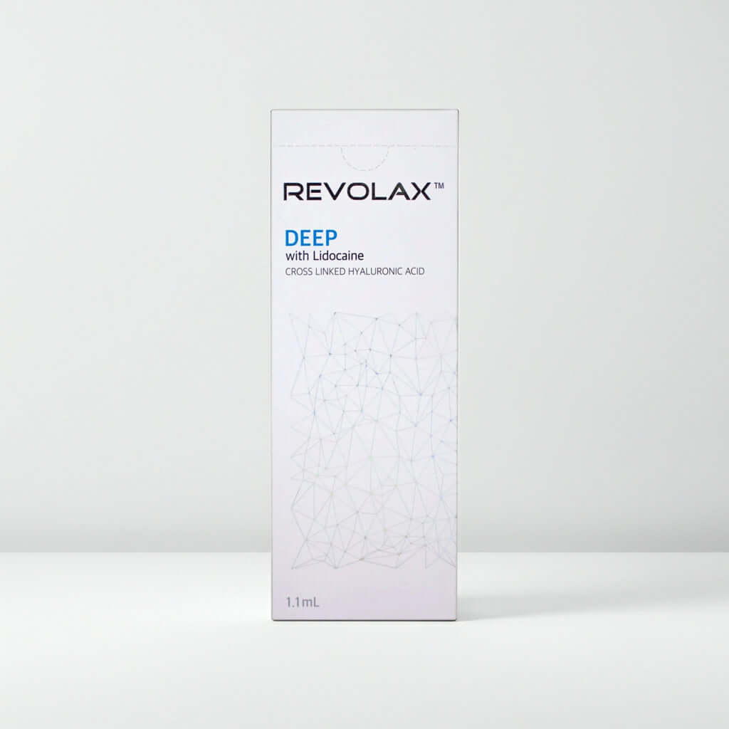 Revolax Deep Lidocaine 1 x 1.1 ml packaging with cross-linked hyaluronic acid for facial volume and wrinkle treatment.