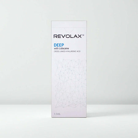 Revolax Deep Lidocaine 1 x 1.1 ml packaging with cross-linked hyaluronic acid for facial volume and wrinkle treatment.