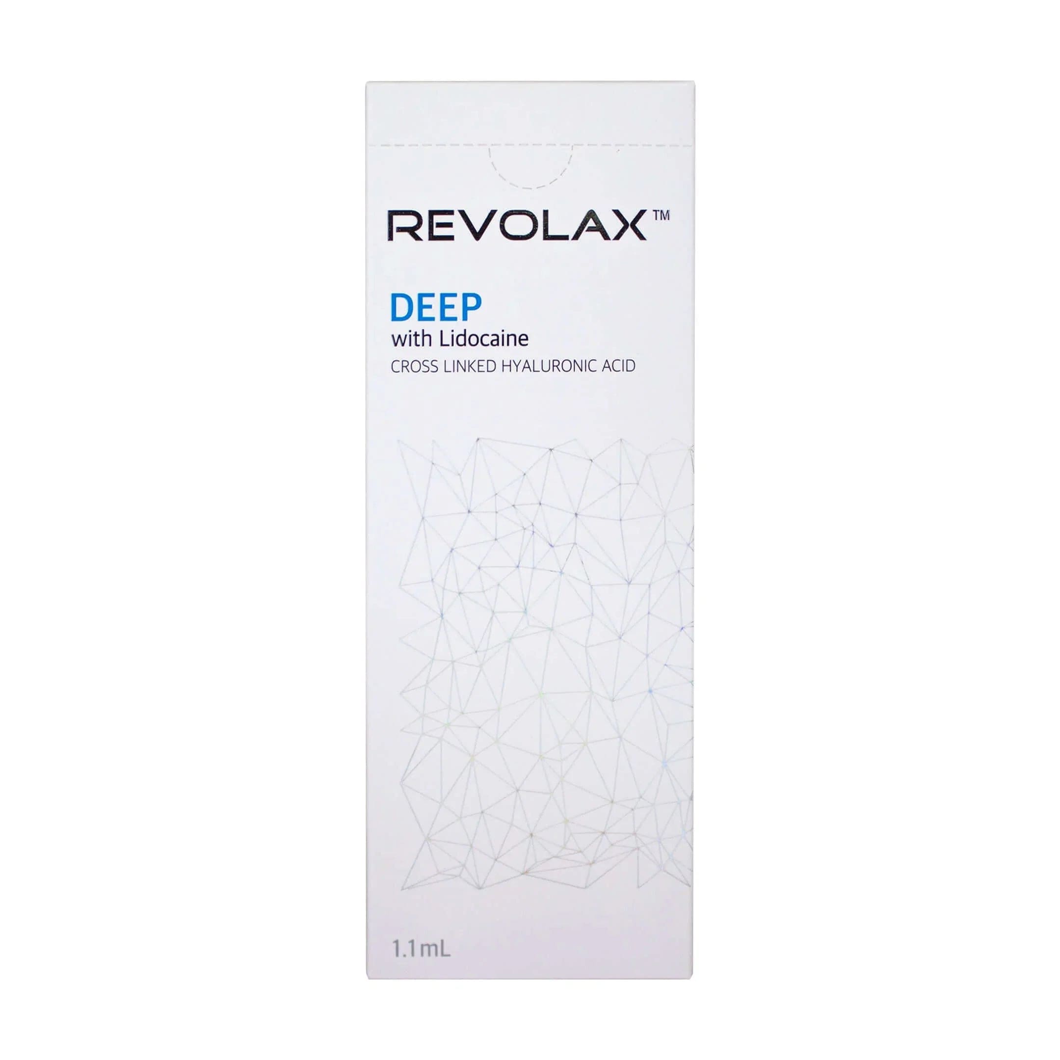 Revolax Deep Lidocaine 1 x 1.1 ml packaging featuring Cross Linked Hyaluronic Acid.