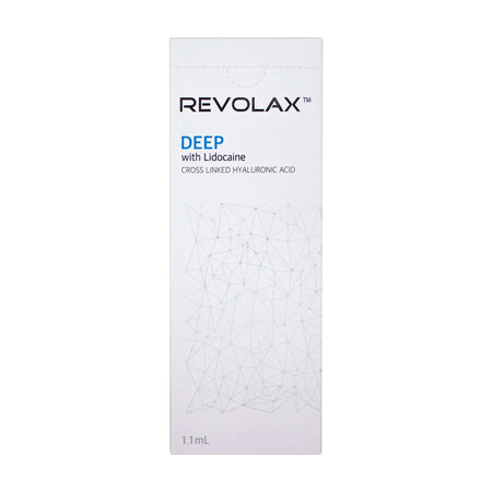 Revolax Deep Lidocaine 1 x 1.1 ml packaging featuring Cross Linked Hyaluronic Acid.