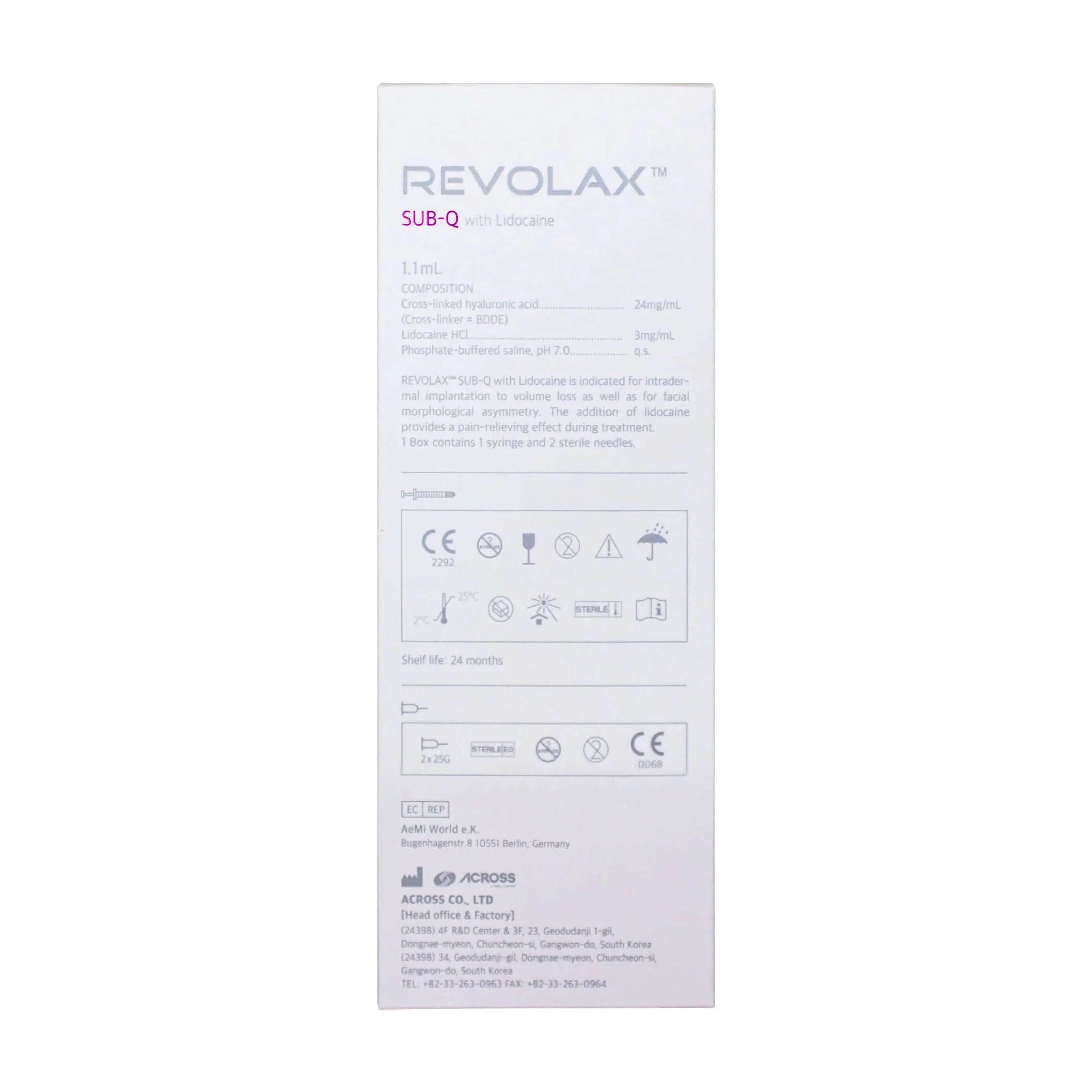 Revolax Sub-Q Lidocaine 1 x 1.1 ml - product packaging with application instructions and manufacturer information.