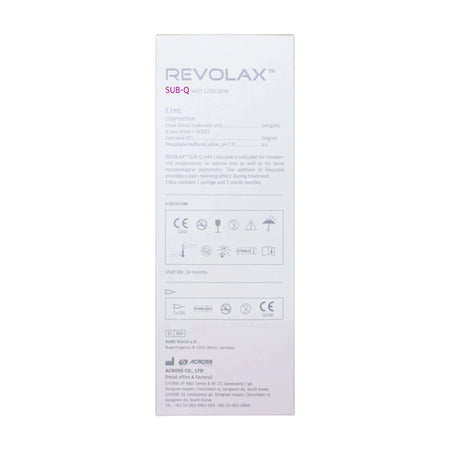 Revolax Sub-Q Lidocaine 1 x 1.1 ml - product packaging with application instructions and manufacturer information.