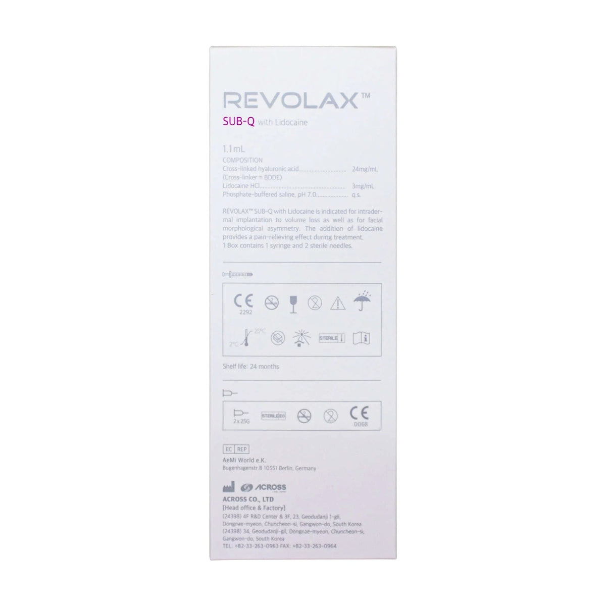 Revolax Sub-Q Lidocaine 1 x 1.1 ml – packaging with product details and instructions for use.
