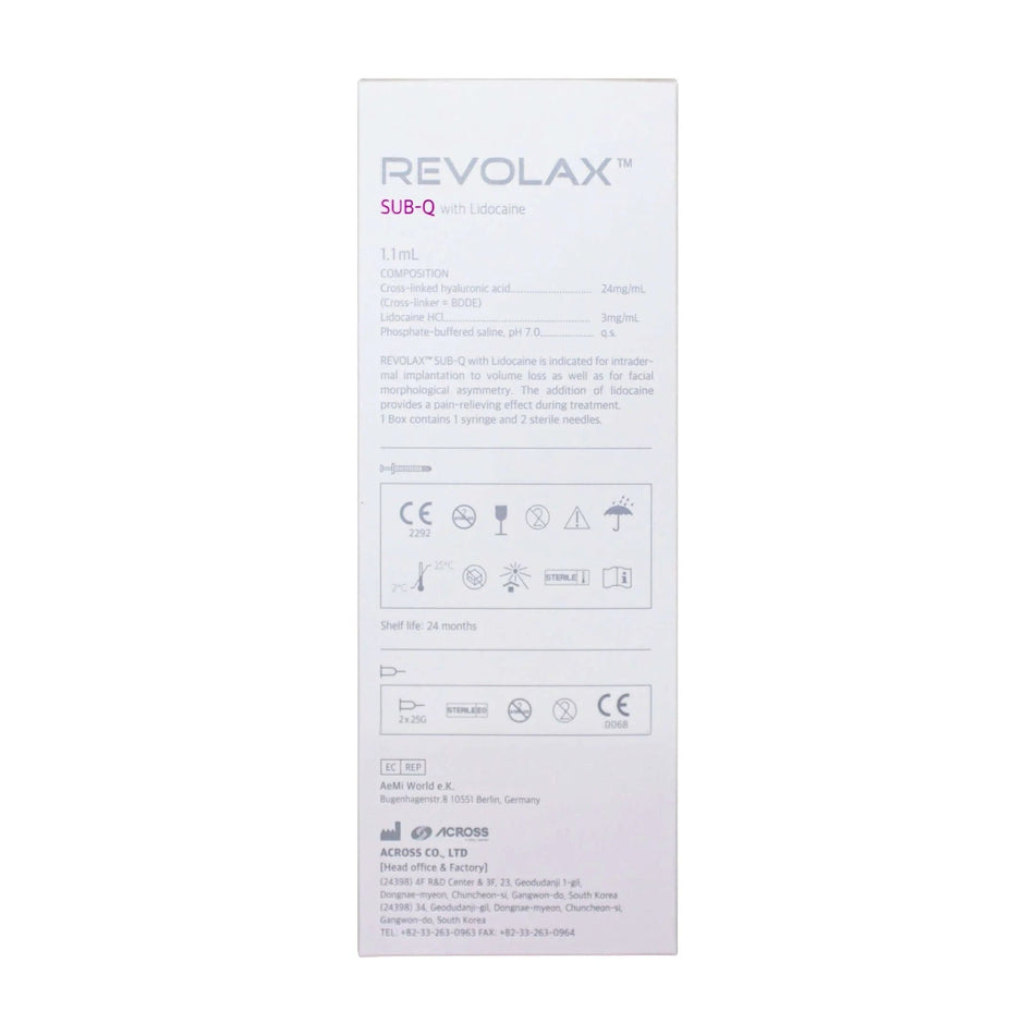 Revolax Sub-Q Lidocaine 1 x 1.1 ml – Verpackung mit Produktdetails und Anwendungshinweisen.