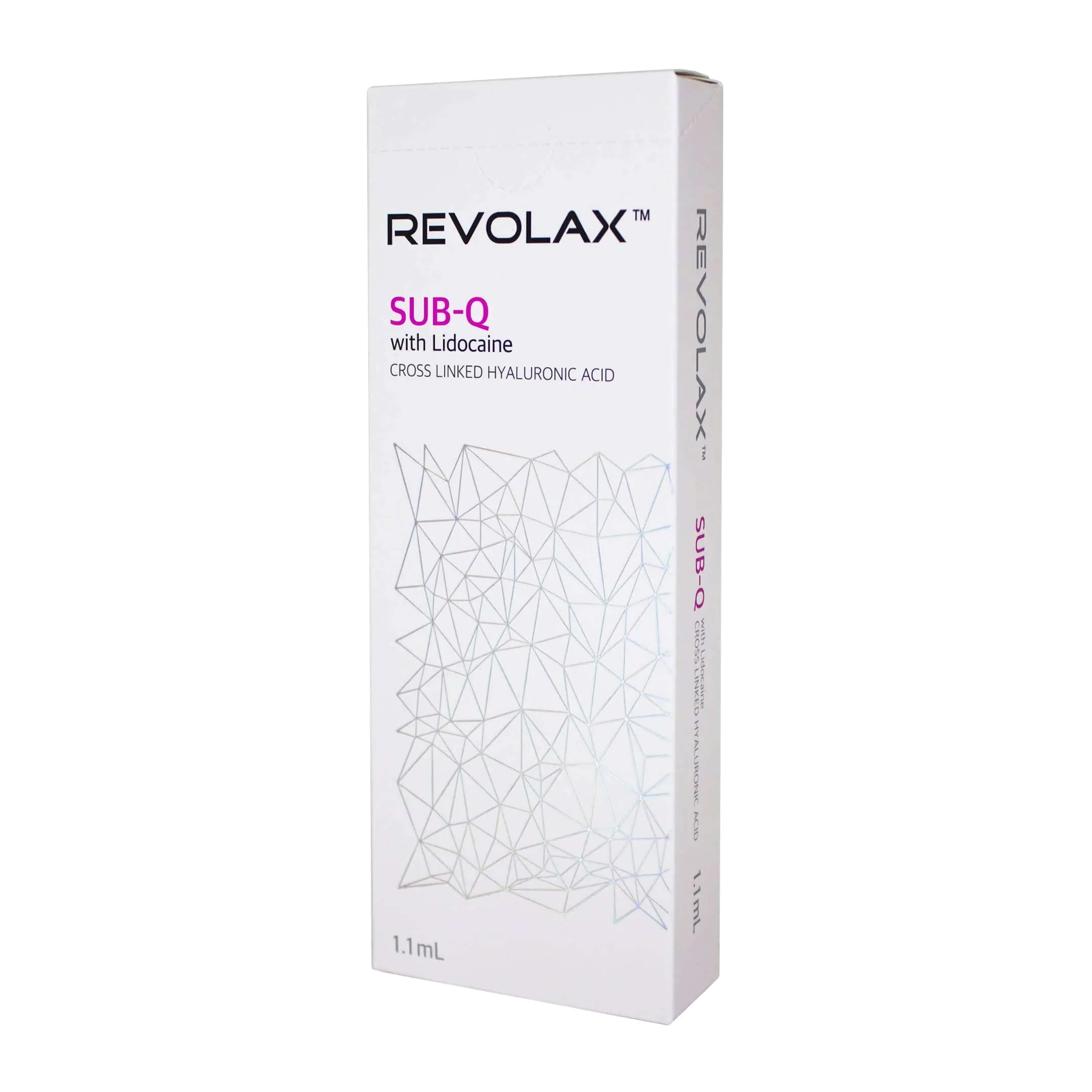 Revolax Sub-Q Lidocaine 1 x 1.1 ml packaging image showing sterile filler for facial volume restoration.