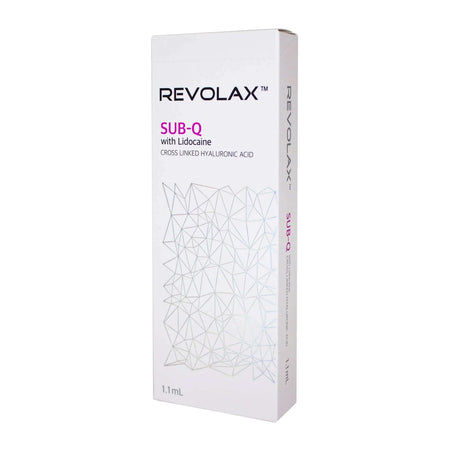Revolax Sub-Q Lidocaine 1 x 1.1 ml packaging image showing sterile filler for facial volume restoration.