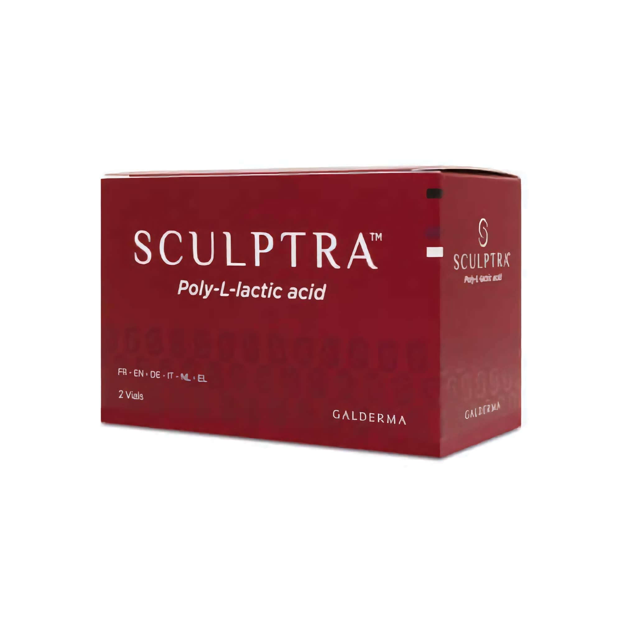 Sculptra 2 Vials packaging by Galderma, featuring Poly-L-lactic acid for natural facial rejuvenation.